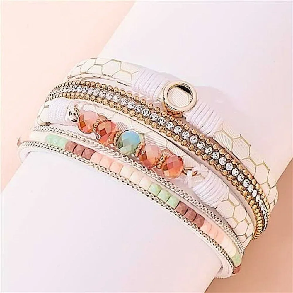 Boho White Multi-Layer Beaded Bracelet Magnetic Clasp Gemstone Accent Stackable